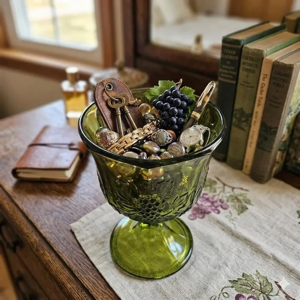 Vintage Indiana Glass Harvest Grape Compote – Avocado Green Pedestal Candy Dish
